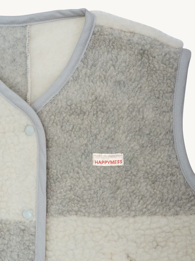 kamizelka wełniana merino unisex cream grey szachownica vest gilet weste wool woll wollweste detal