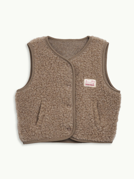 dziecięca wełniana kamizelka merino hazelnut beżowa wool vest gilet slevless przód
