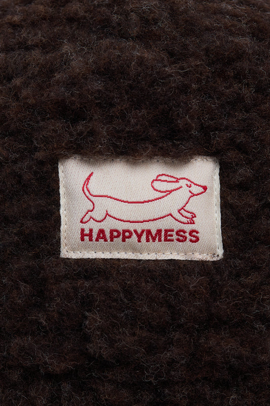 kapelusz wełniany merino dziecięcy wool bucket hat chocolate brown brązowy detal logo