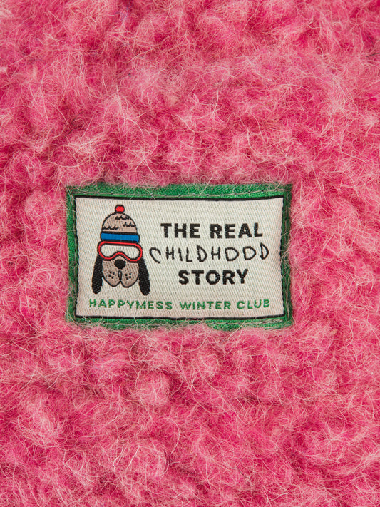 kapelusz wełniany merino dziecięcy wool bucket hat dusty pink różowy detal przód logo