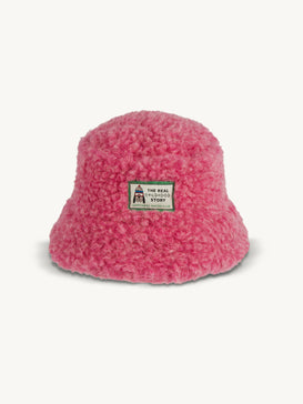 kapelusz wełniany merino dziecięcy wool bucket hat dusty pink różowy przód logo