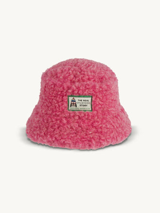 kapelusz wełniany merino dziecięcy wool bucket hat dusty pink różowy przód logo
