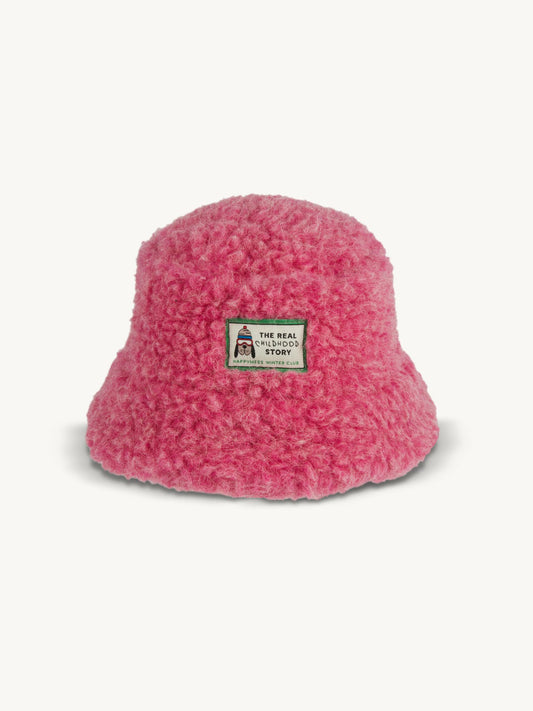 kapelusz wełniany merino dziecięcy wool bucket hat dusty pink różowy przód logo