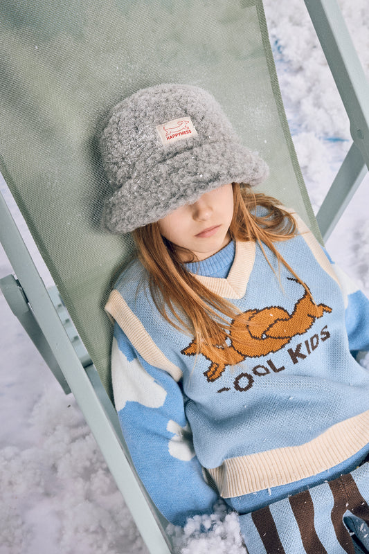 kapelusz wełniany merino dziecięcy wool bucket hat stone grey szary dziecko kamizelka jamnik sweter cloud