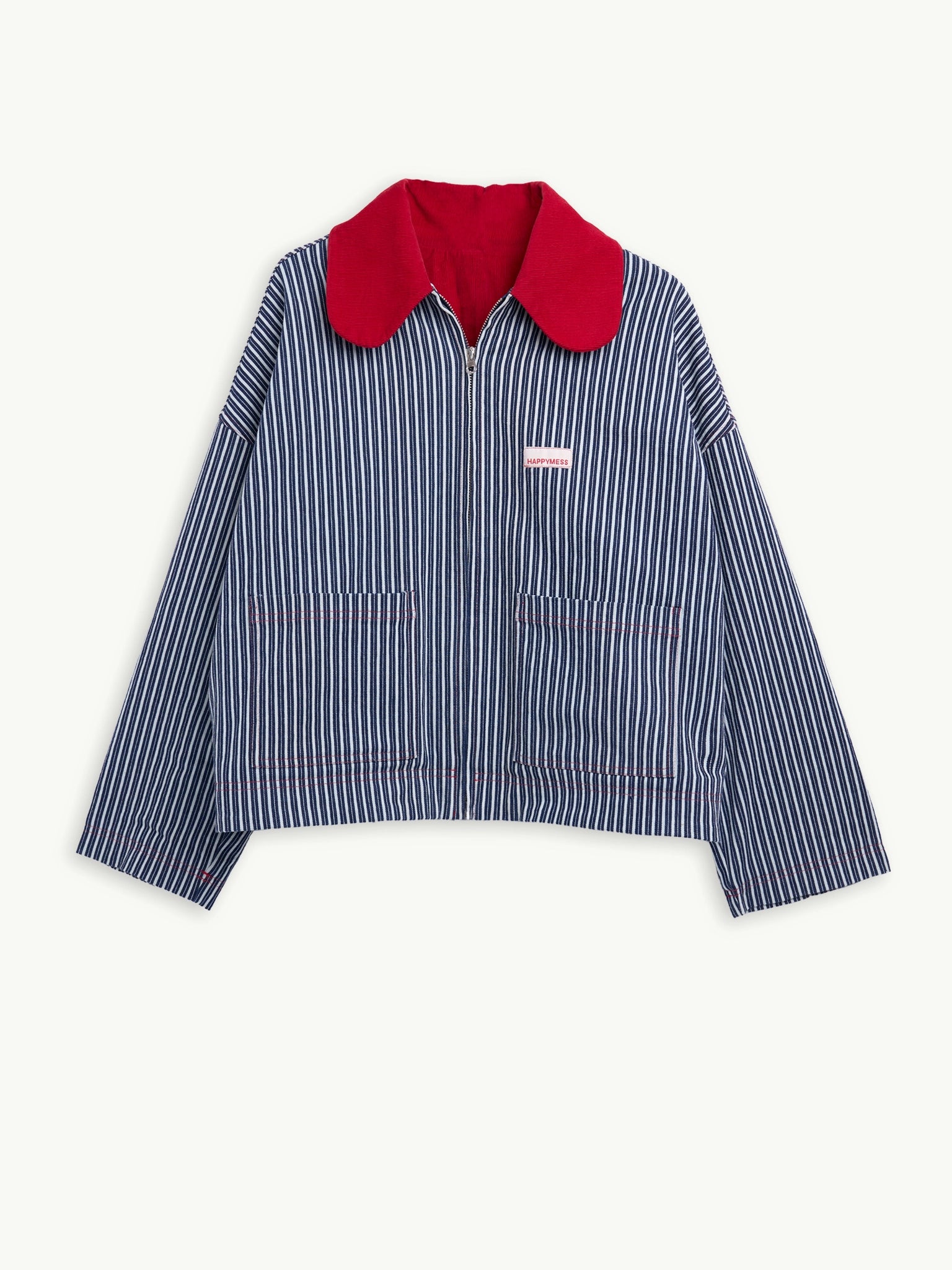 katana damska kurtka jeansowa w paski czerwony sztruksowy kołnierz przód