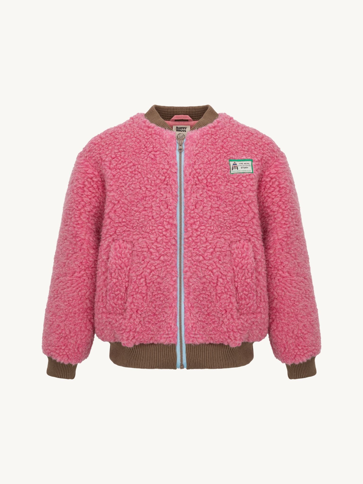 kurtka bomberka dziecięca wełniana merino dusty pink różowa brązowe detale przód