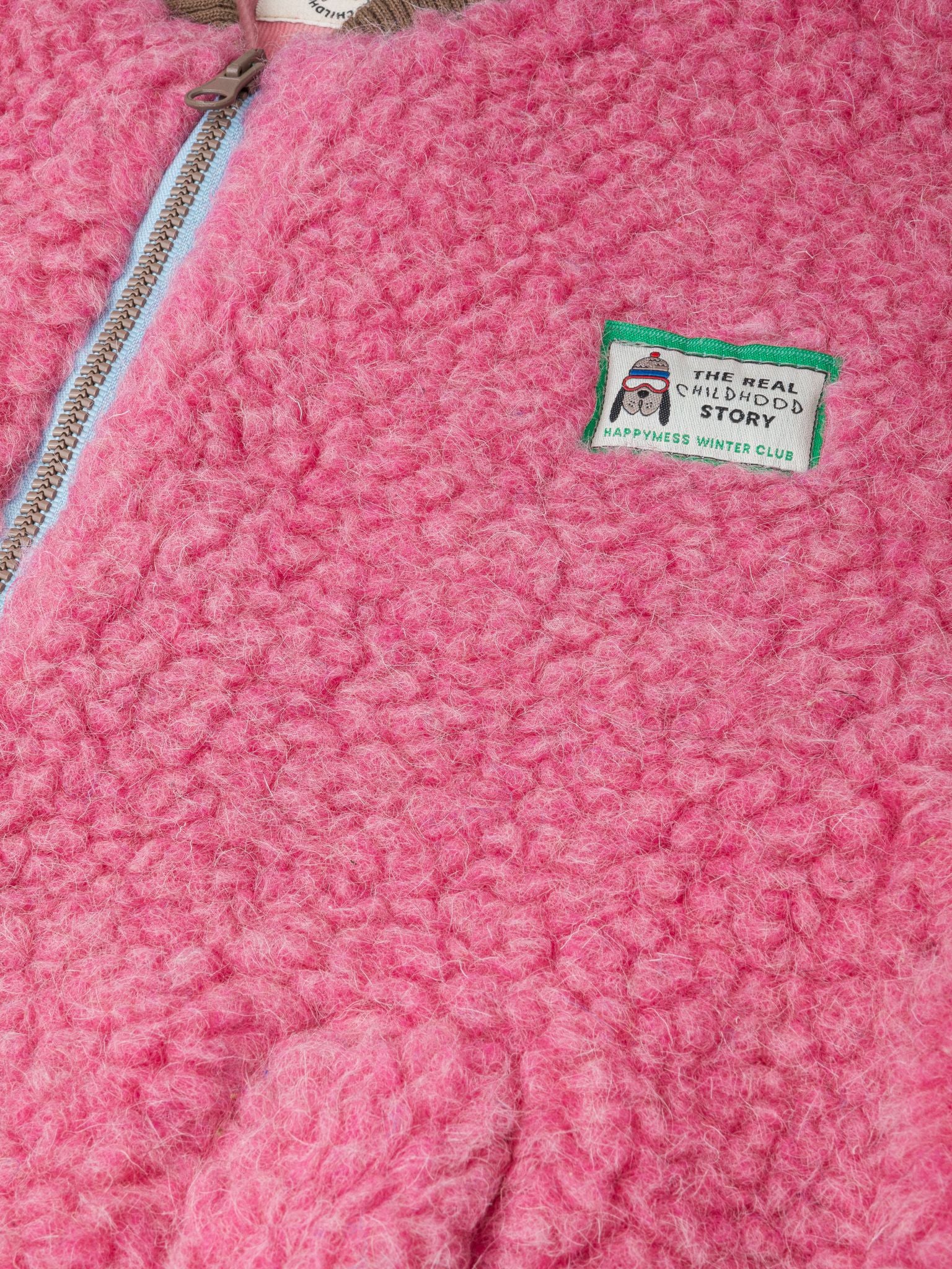 kurtka bomberka dziecięca wełniana merino dusty pink różowa brązowe detale przód detal logo