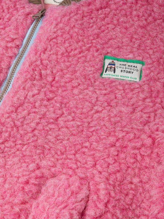 kurtka bomberka dziecięca wełniana merino dusty pink różowa brązowe detale przód detal logo