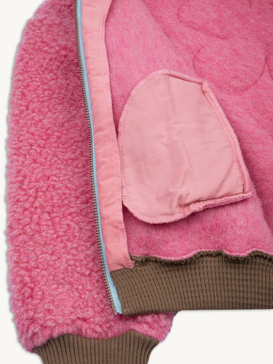 kurtka bomberka dziecięca wełniana merino dusty pink różowa brązowe detale przód detal kieszeń