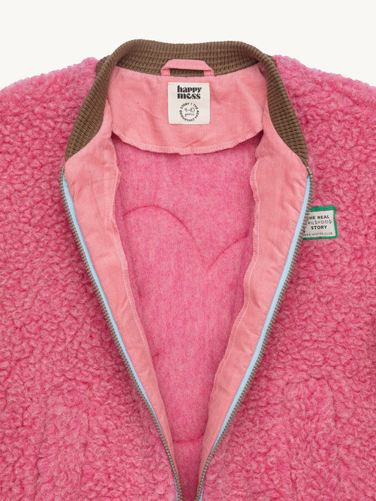 kurtka bomberka dziecięca wełniana merino dusty pink różowa brązowe detale przód detal kołnierz