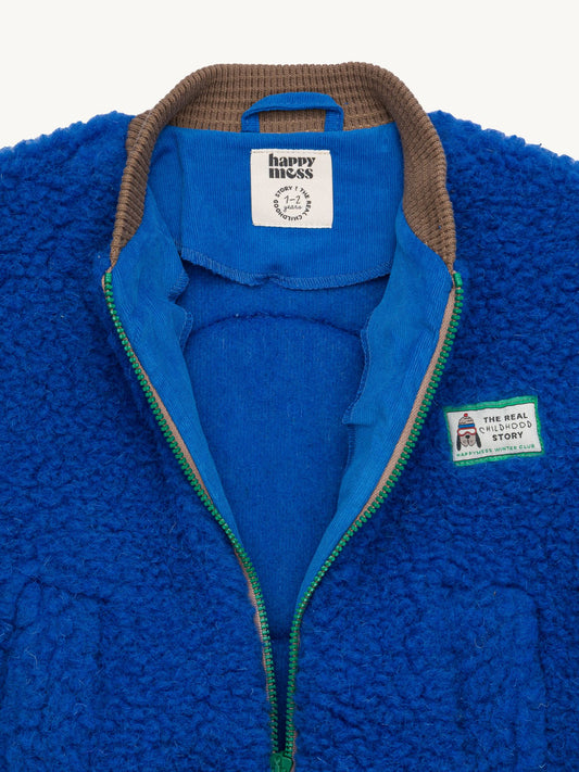 kurtka dziecięca bomberka cobalt kobaltowa niebieska wełniana merino przód detal kołnierz 