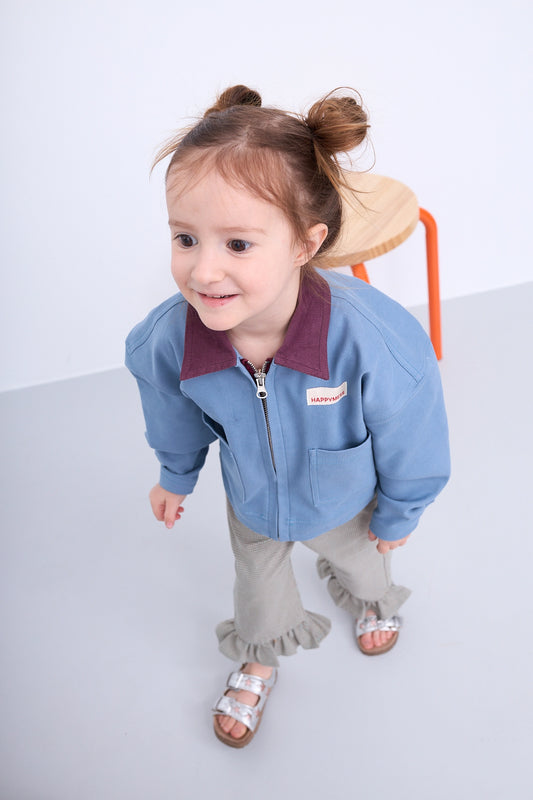 kurtka jeansowa katana dziecięca stone blue sztruksowy kołnierz spodnie w kratkę foggy brown stylizacja outfit