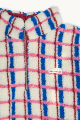 kurtka kangurka wełniana merino dziecięca pink cobalt różowo niebieska detal logo krata