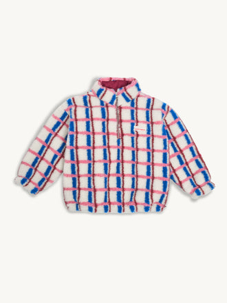 kurtka kangurka wełniana merino dziecięca pink cobalt różowo niebieska przód krata 