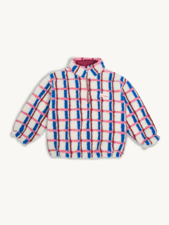 kurtka kangurka wełniana merino dziecięca pink cobalt różowo niebieska przód krata 