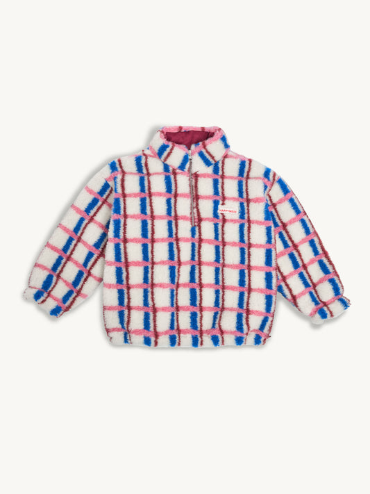 kurtka kangurka wełniana merino dziecięca pink cobalt różowo niebieska przód krata 