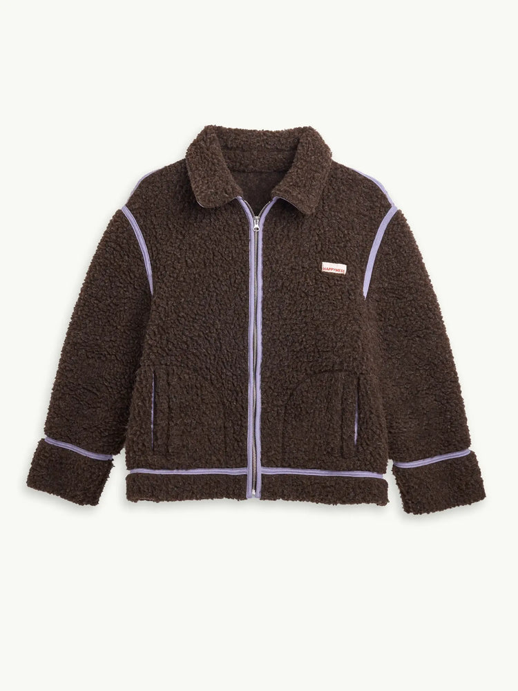  kurtka wełniana merino chocolate brown czekoladowa brązowa unisex adult  fioletowe detale modelka outfit