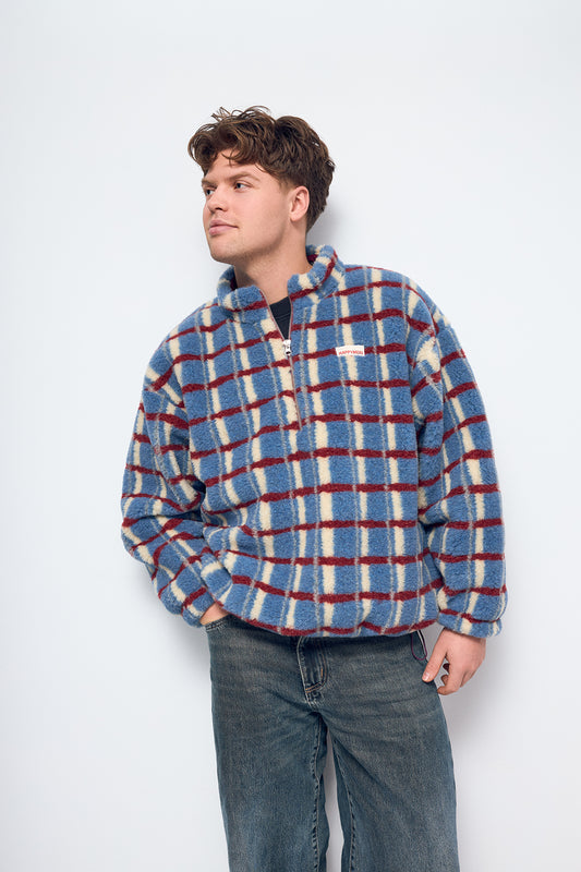 [Model ma 179 cm wzrostu i nosi rozmiar XL] kurtka wełniana merino krata blue shadow model outfit