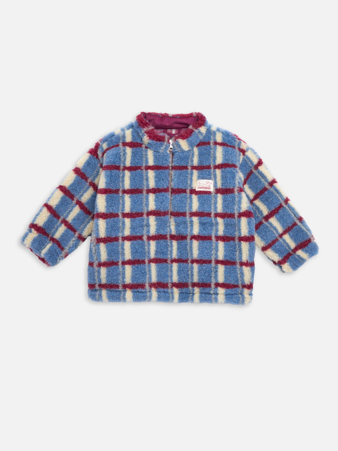 kurtka kangurka wełniana merino dziecięca niebieska w  kratę wool bomber jacket for children merino wool Kinder Wolljacke Merinowolle shadow blue