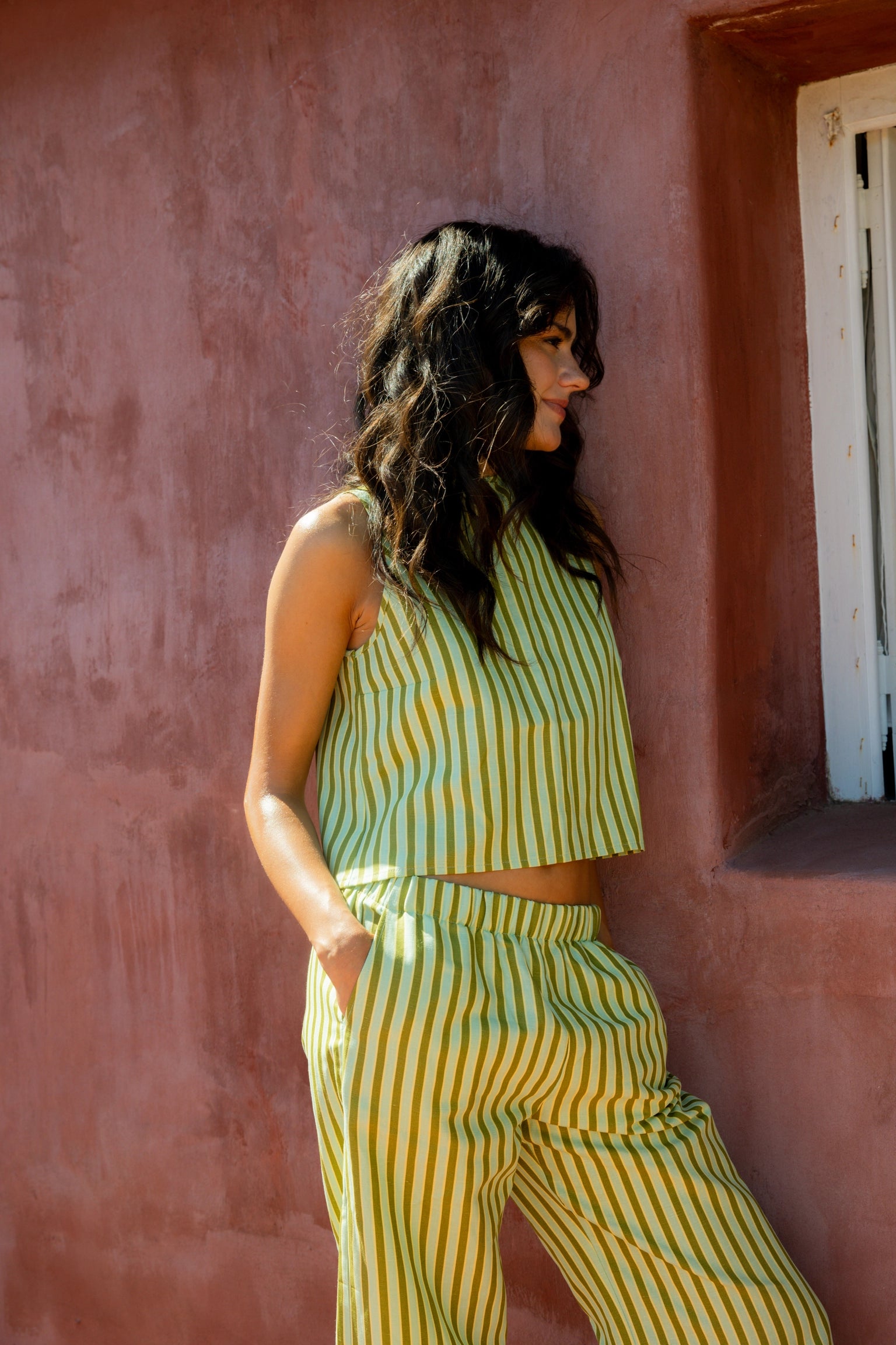 lniany zestaw bluzka wiązana spodnie w paski zielony  ice matcha linen set blouse pants trousers leinen hose bluse 