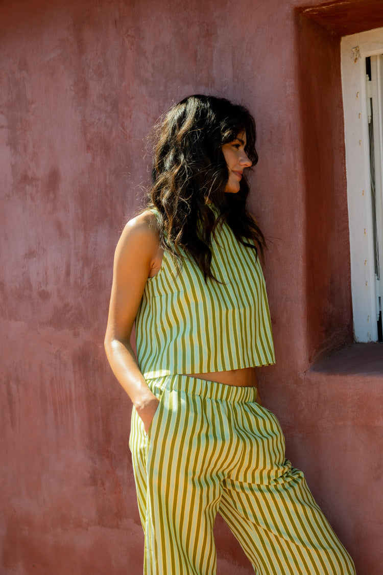 lniany zestaw bluzka wiązana spodnie w paski zielony  ice matcha linen set blouse pants trousers leinen hose bluse 