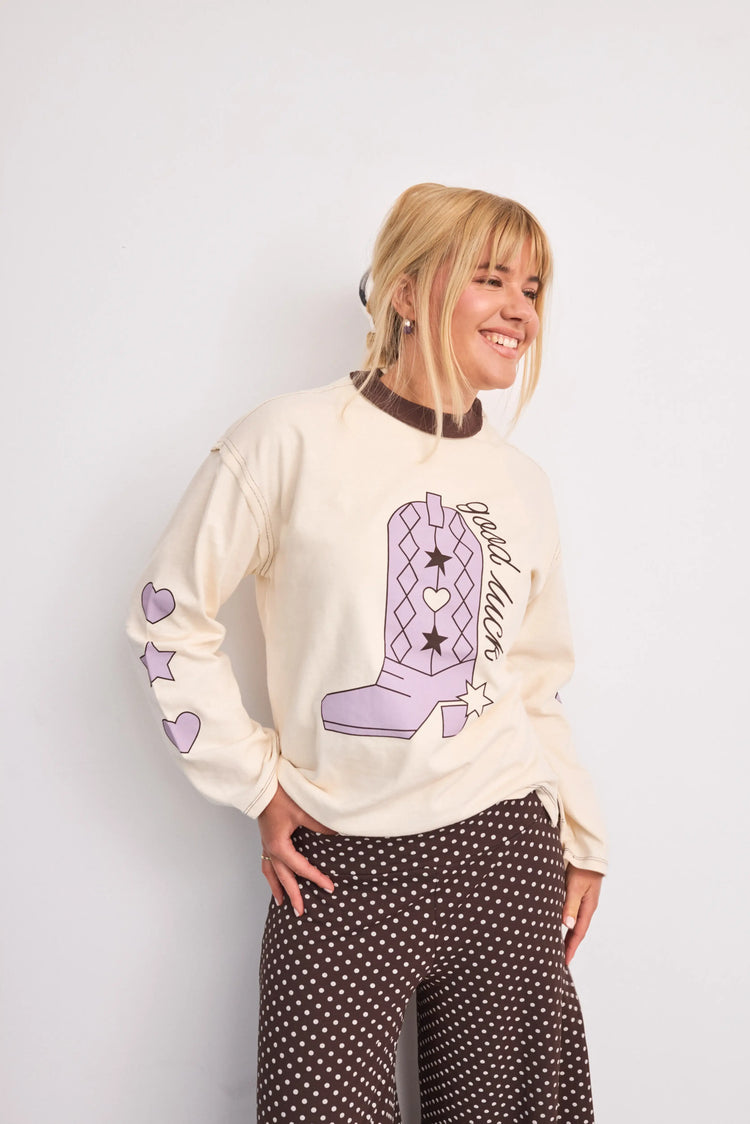 [pl][Modelka ma 168 cm i nosi rozmiar S] [en][The model is 168 cm and wears size S] [de][Das Model ist 168 cm groß und trägt Größe S]  bluzka damska z długim rękawem beżowa nadruk bawełna organiczna women's longsleeve organic cotton damenbluse bio-baumwolle