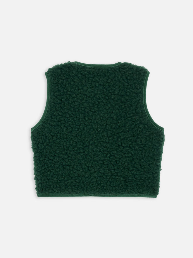 dziecięca wełniana kamizelka merino zielona green butelkowa zieleń emerald moss wool vest gilet slevless