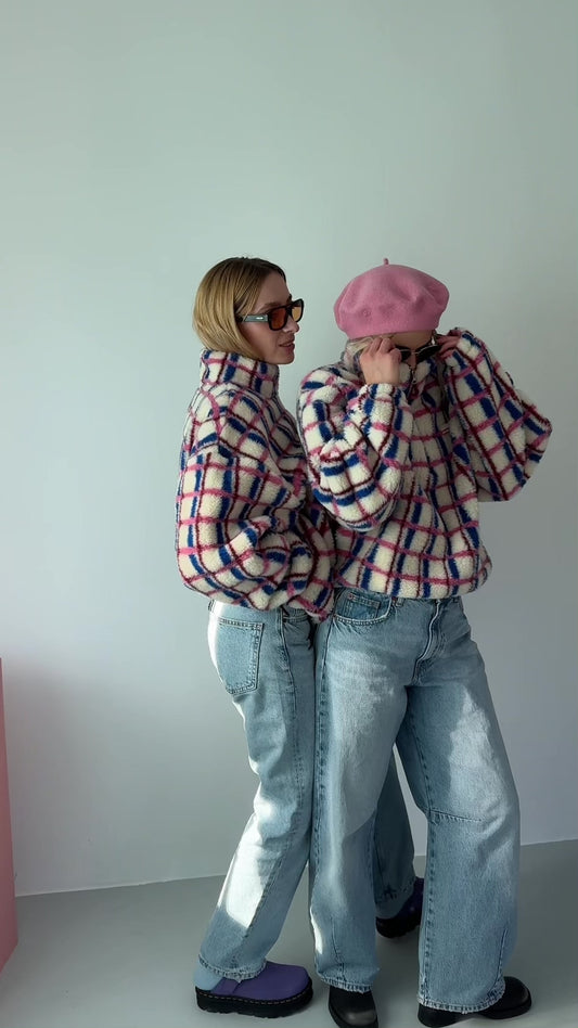  kurtka kangurka unisex wełniana merino pink cobalt różowo niebieska krata