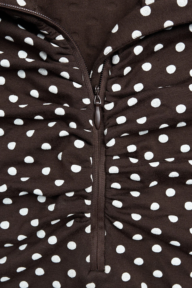 longsleeve damski brązowy w groszki choco dots detal marszczenie