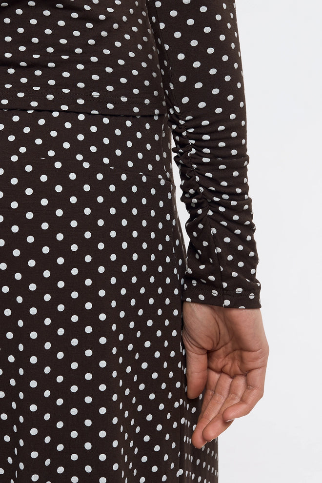 longsleeve damski brązowy w groszki choco dots detal marszczenie