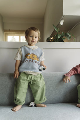 spodnie dziecięce w kratę zielone matcha green outfit kamizelka jamnik dziecko