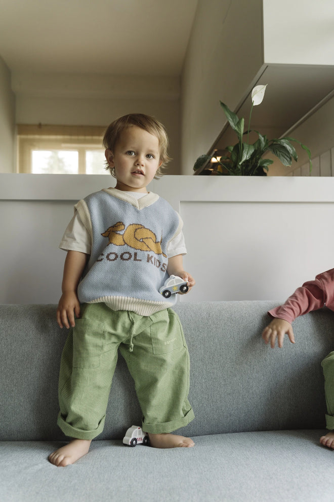 spodnie dziecięce w kratę zielone matcha green outfit kamizelka jamnik dziecko