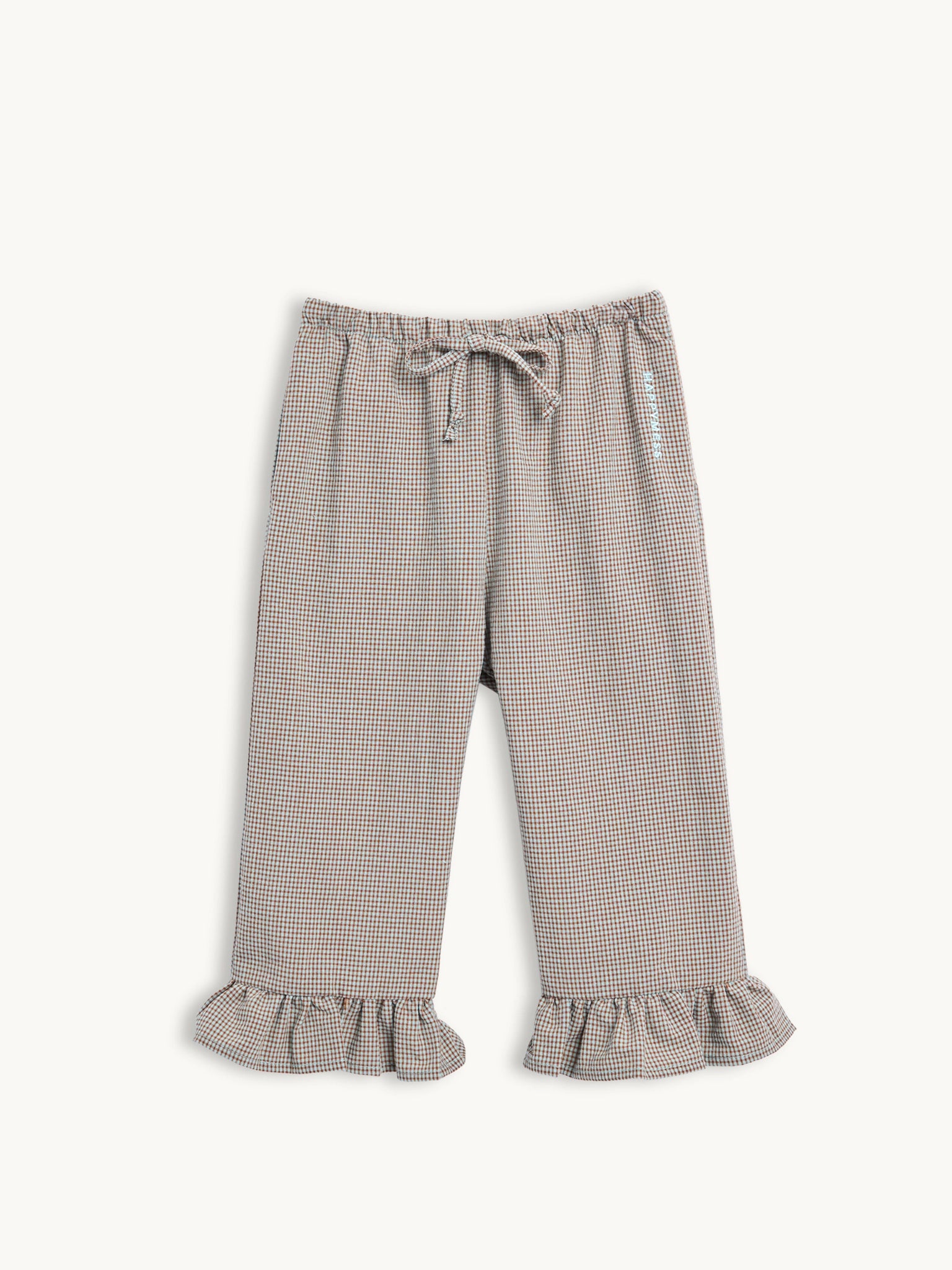 spodnie dziecięce w kratę z falbanką foggy brown brązowe vichy przód