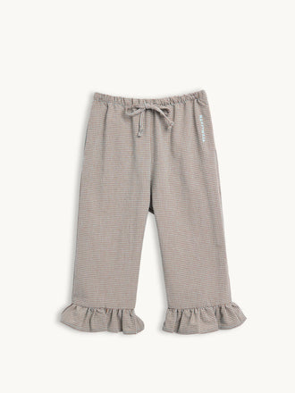 spodnie dziecięce w kratę z falbanką foggy brown brązowe vichy przód