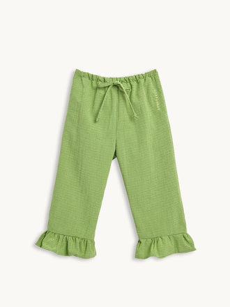 spodnie dziecięce w kratę z falbanką zielone matcha green przód