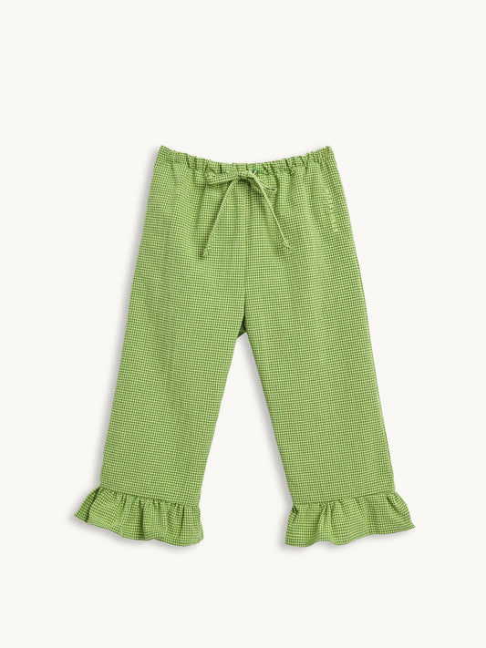 spodnie dziecięce w kratę z falbanką zielone matcha green przód