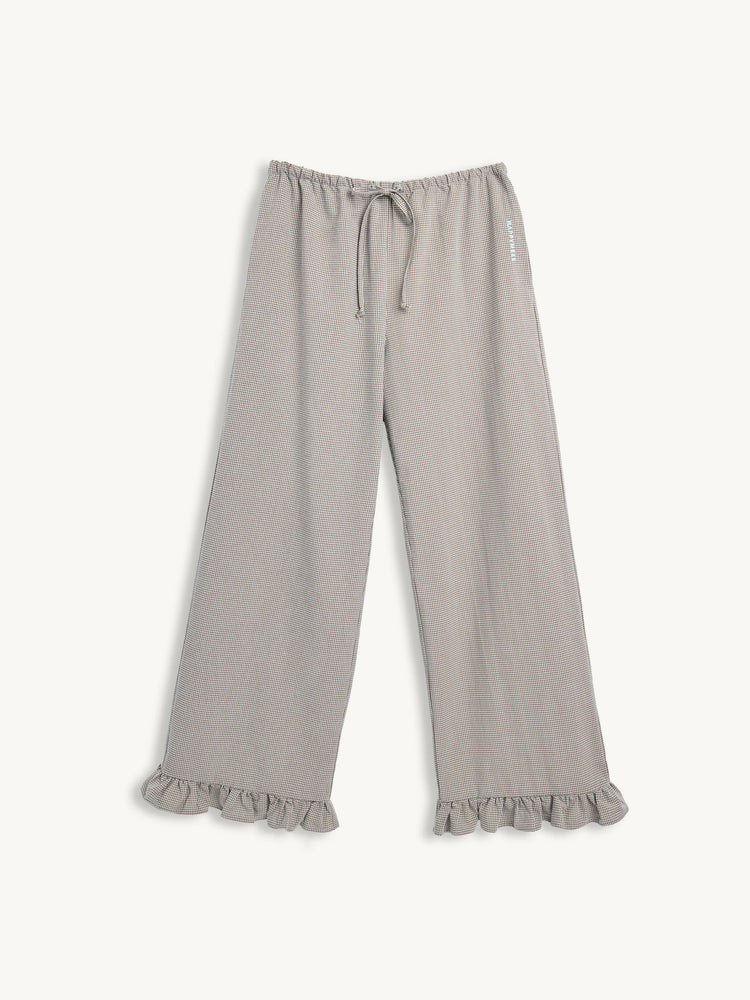 spodnie damskie krata falbanka foggy brown vichy frilled przód
