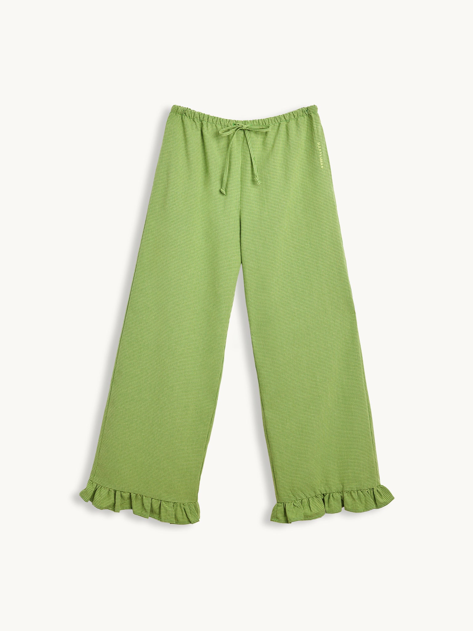 spodnie damskie krata falbanka matcha green vichy frilled przód