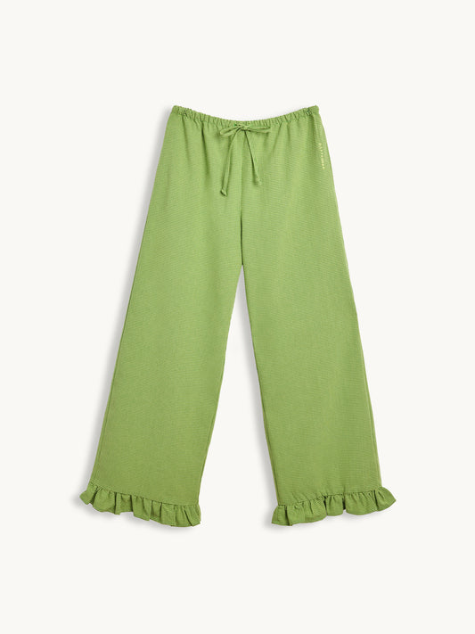 spodnie damskie krata falbanka matcha green vichy frilled przód