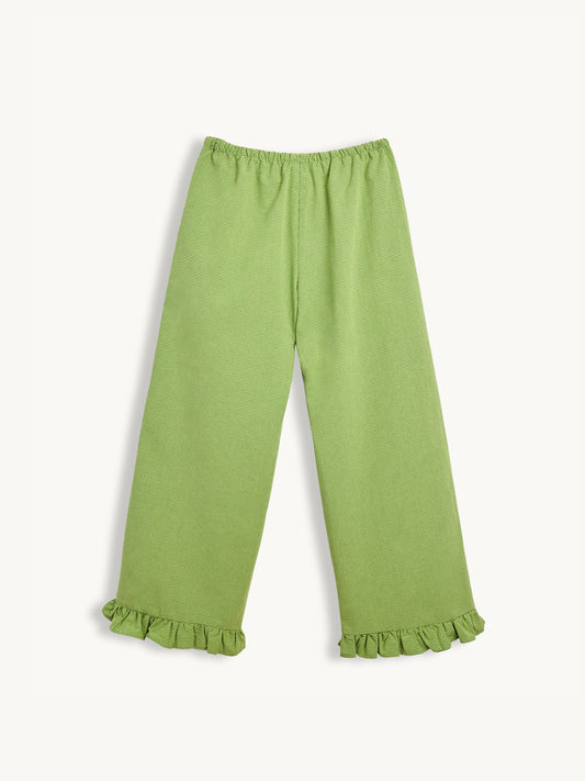 spodnie damskie krata falbanka matcha green vichy outfit stylizacja frilled tył