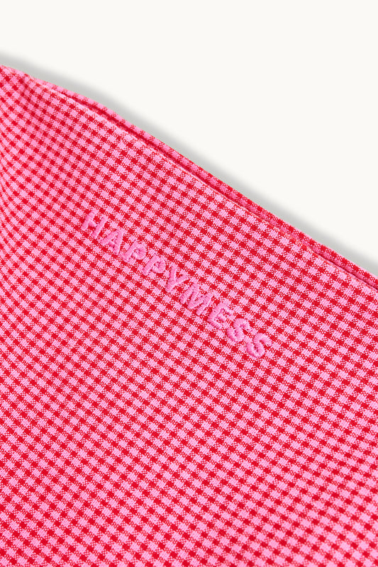 spodnie damskie w kratę z falbanką różowe wild berry vichy detal logo haft