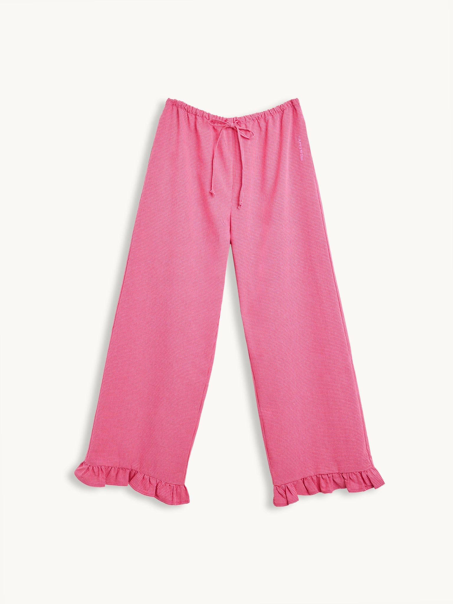 spodnie damskie w kratę z falbanką różowe wild berry vichy przód