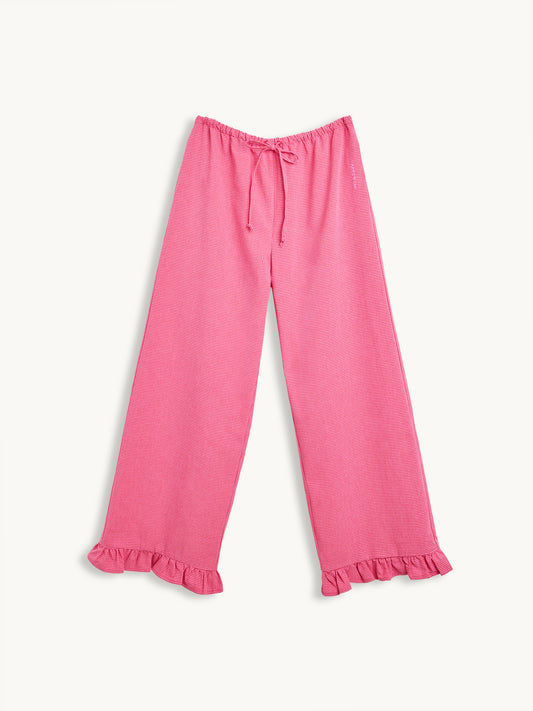 spodnie damskie w kratę z falbanką różowe wild berry vichy przód