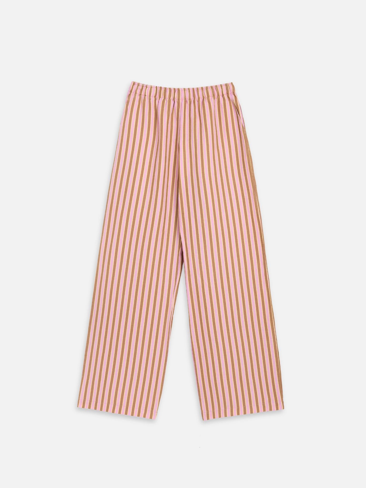 letni lniany zestaw damski spodnie bluzka wiązana w paski blush stripes linen set ants trousers top leinen hose bluse zum binden