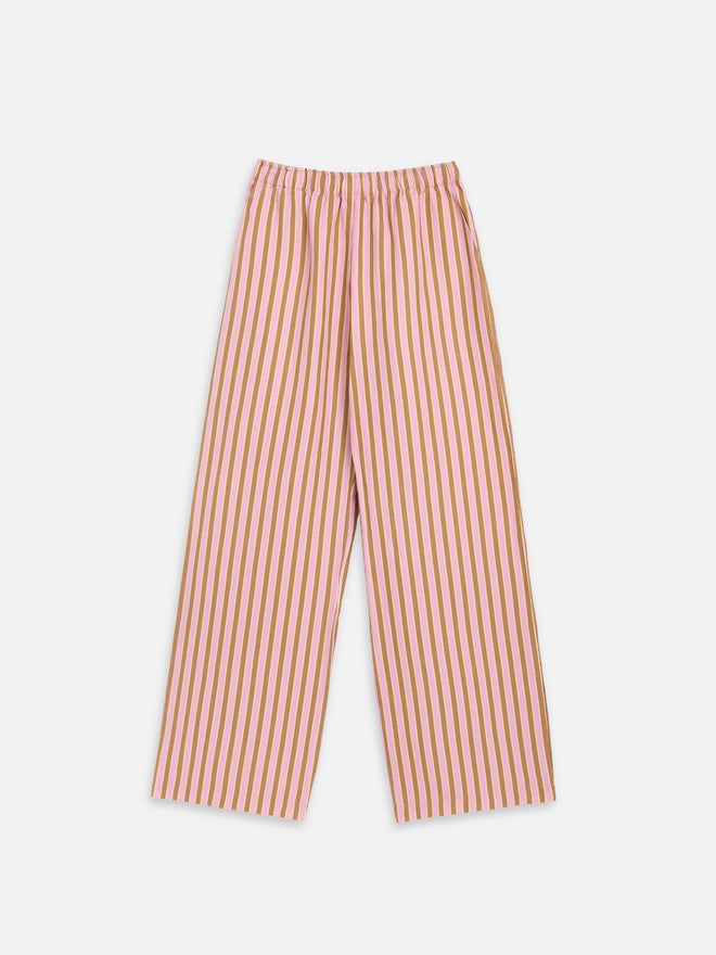 letni lniany zestaw damski spodnie bluzka wiązana w paski blush stripes linen set ants trousers top leinen hose bluse zum binden