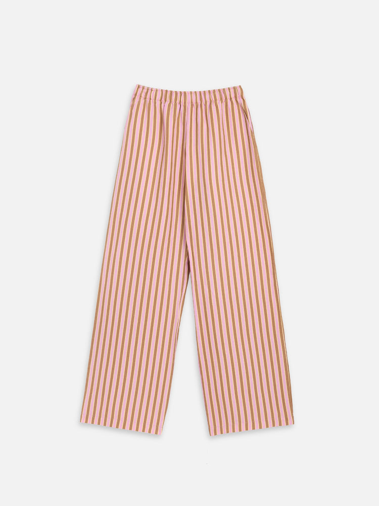 letni lniany zestaw damski spodnie bluzka wiązana w paski blush stripes linen set ants trousers top leinen hose bluse zum binden