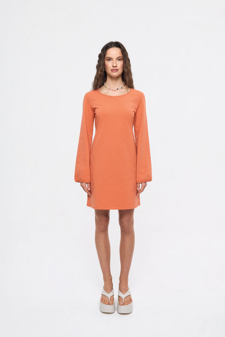 [pl][Modelka ma 174 cm i nosi rozmiar S] [en][The model is 174 cm and wears size S] [de][Das Model ist 174 cm groß und trägt Größe S] bawełniana pomarańczowa sukienka mini w paski trapezowa women's cotton dress baumwoll minikleid damenkleid kleid