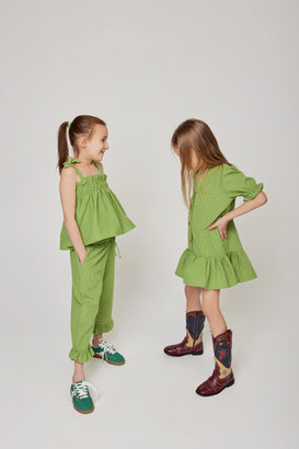 sukienka dziecięca w kratę z falbanką vichy matcha green zielona dzieci dziewczynki matchy outfit spodnie top stylizacje