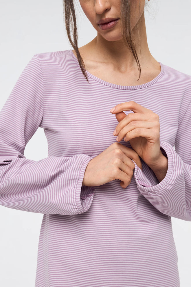 [pl][Modelka ma 174 cm i nosi rozmiar S] [en][The model is 174 cm and wears size S] [de][Das Model ist 174 cm groß und trägt Größe S] bawełniana fioletowa lawendowa sukienka mini w paski trapezowa women's cotton dress baumwoll minikleid damenkleid kleid lavender shadow