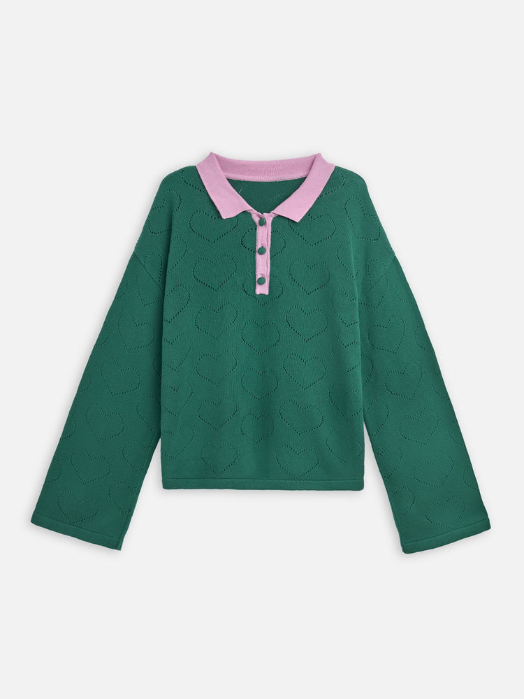 sweter damski bawełniany emerald hearts bawełna organiczna women's sweater organic cotton green damen pullover bio-baumwolle 